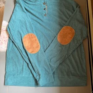 Teal Henley Sweater with Tan Elbow Patches